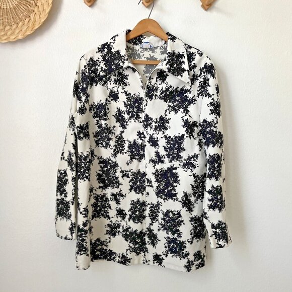 Vtg Sears stretch knit dagger collar black white floral tunic pullover top‎ M/L - Picture 1 of 6